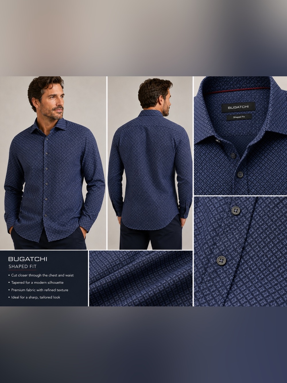 Bugatchi Navy Micro-Pattern Shaped-Fit Button-Down Shirt size L